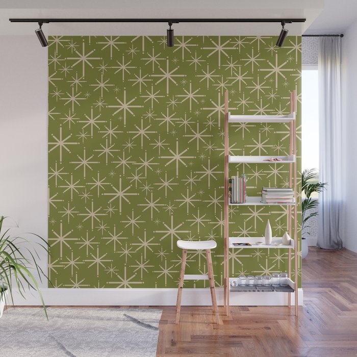 Retro Atomic Twinkling Starburst Pattern in Midcentury Modern Olive Green and Beige Wall Mural Gallery Image 1