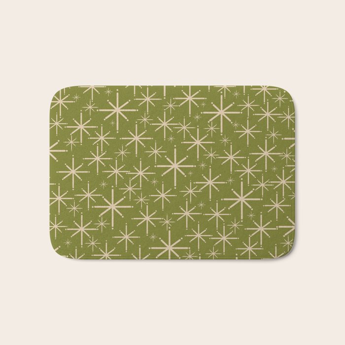 Retro Atomic Twinkling Starburst Pattern in Midcentury Modern Olive Green and Beige Bath Mat Gallery Image 1