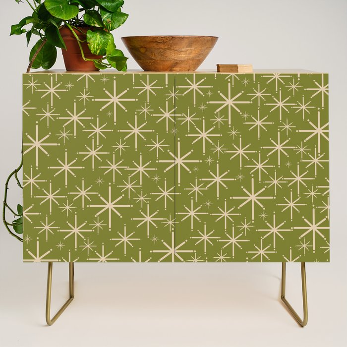 Retro Atomic Twinkling Starburst Pattern in Midcentury Modern Olive Green and Beige Credenza Gallery Image 1