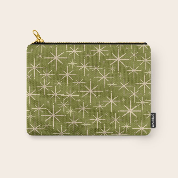 Retro Atomic Twinkling Starburst Pattern in Midcentury Modern Olive Green and Beige Carry All Pouch Gallery Image 1
