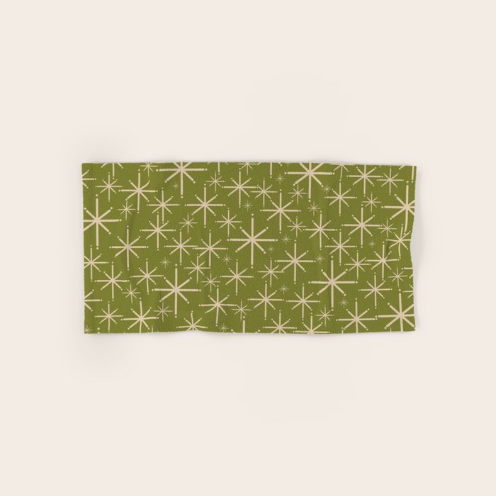 Retro Atomic Twinkling Starburst Pattern in Midcentury Modern Olive Green and Beige Bath Towel Gallery Image 1