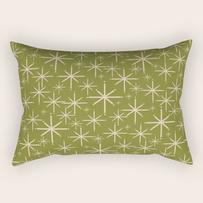 Retro Atomic Twinkling Starburst Pattern in Midcentury Modern Olive Green and Beige Rectangular Pillow Gallery Image 1