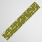 Retro Atomic Twinkling Starburst Pattern in Midcentury Modern Olive Green and Beige Table Runner Gallery Image 3