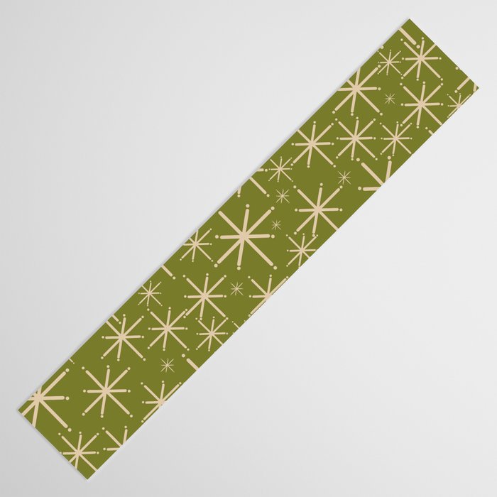 Retro Atomic Twinkling Starburst Pattern in Midcentury Modern Olive Green and Beige Table Runner Gallery Image 3