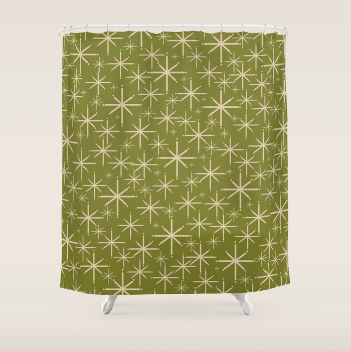 Retro Atomic Twinkling Starburst Pattern in Midcentury Modern Olive Green and Beige Shower Curtain Gallery Image 1