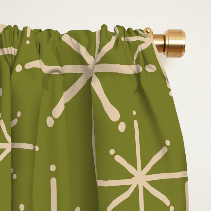 Retro Atomic Twinkling Starburst Pattern in Midcentury Modern Olive Green and Beige Window Curtain Gallery Image 2