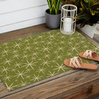 Retro Atomic Twinkling Starburst Pattern in Midcentury Modern Olive Green and Beige Outdoor Rug Gallery Image 2
