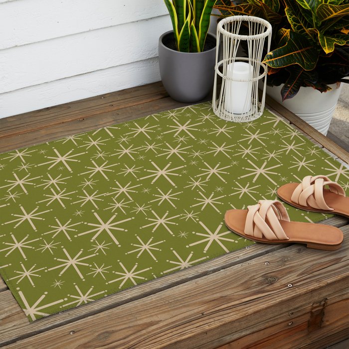 Retro Atomic Twinkling Starburst Pattern in Midcentury Modern Olive Green and Beige Outdoor Rug Gallery Image 2