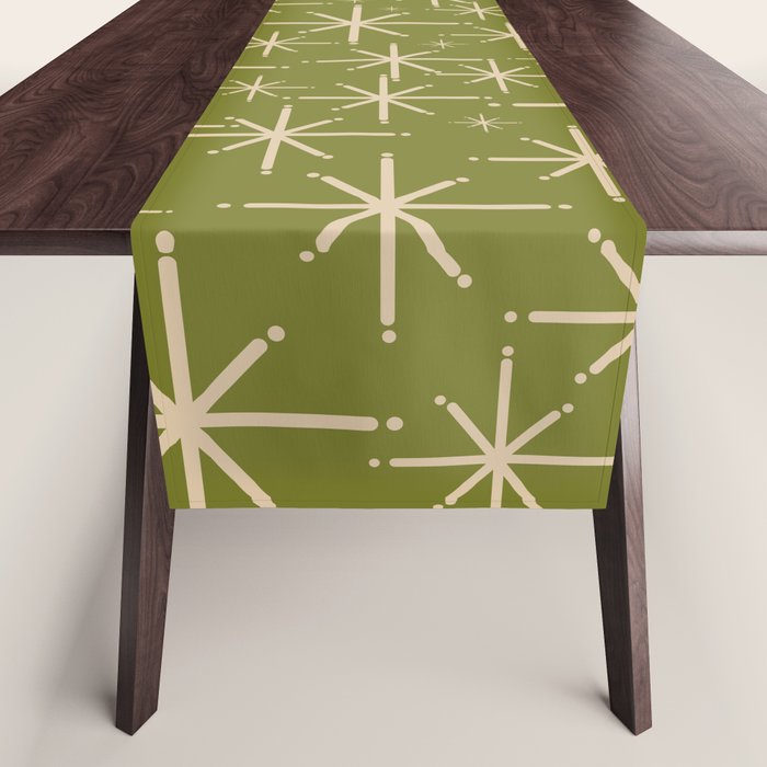 Retro Atomic Twinkling Starburst Pattern in Midcentury Modern Olive Green and Beige Table Runner Gallery Image 1