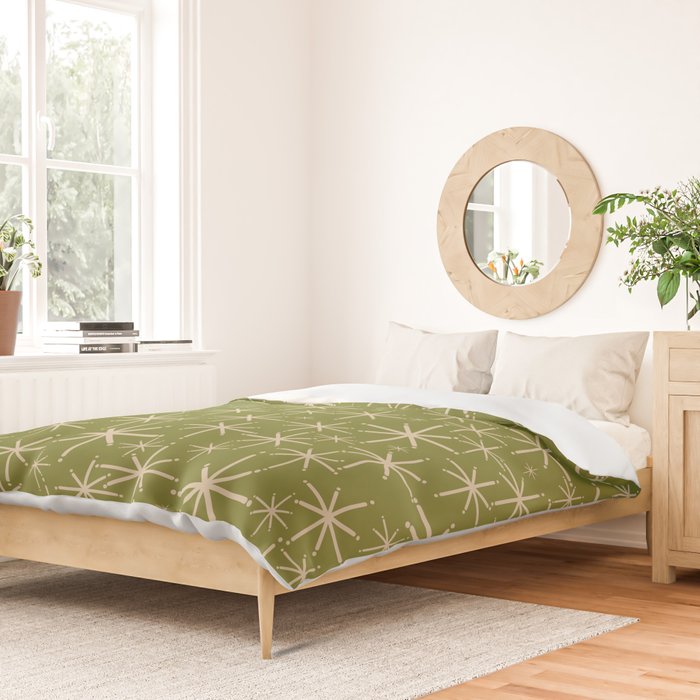 Retro Atomic Twinkling Starburst Pattern in Midcentury Modern Olive Green and Beige Duvet Cover Gallery Image 2
