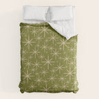 Retro Atomic Twinkling Starburst Pattern in Midcentury Modern Olive Green and Beige Duvet Cover Gallery Image 6