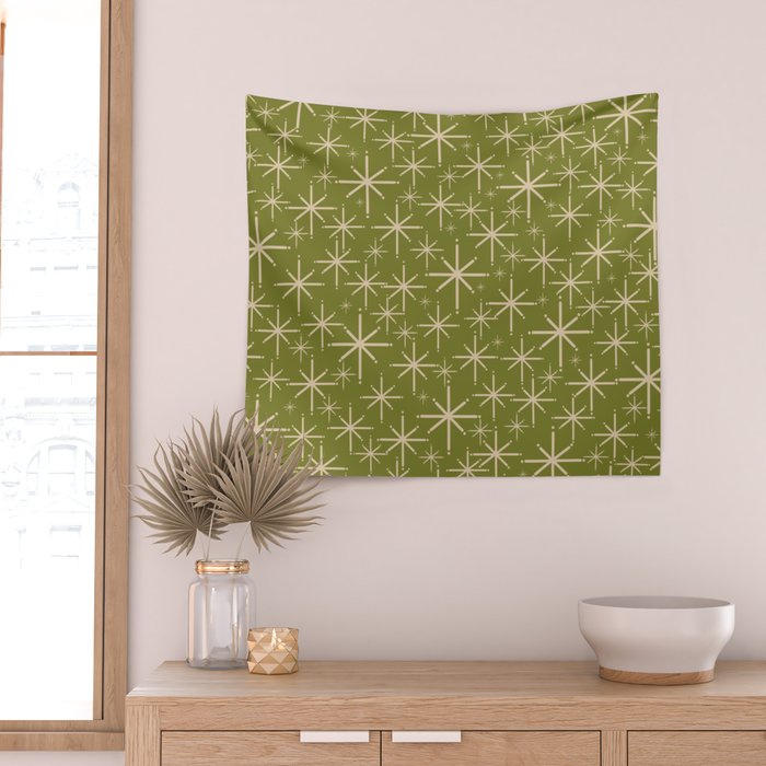 Retro Atomic Twinkling Starburst Pattern in Midcentury Modern Olive Green and Beige Wall Tapestry Gallery Image 2