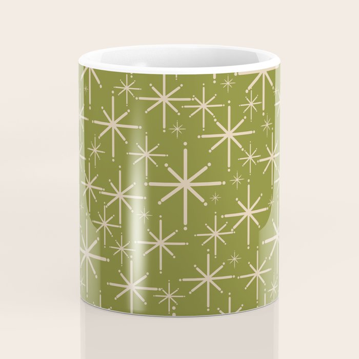 Retro Atomic Twinkling Starburst Pattern in Midcentury Modern Olive Green and Beige Coffee Mug Gallery Image 4