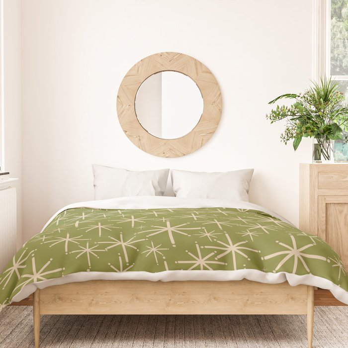 Retro Atomic Twinkling Starburst Pattern in Midcentury Modern Olive Green and Beige Duvet Cover Gallery Image 3