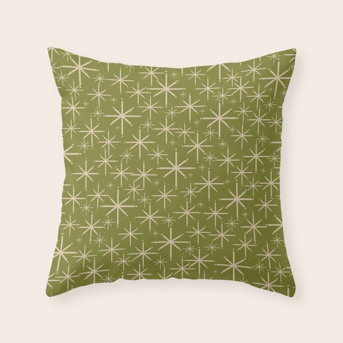 Retro Atomic Twinkling Starburst Pattern in Midcentury Modern Olive Green and Beige Throw Pillow Gallery Image 1