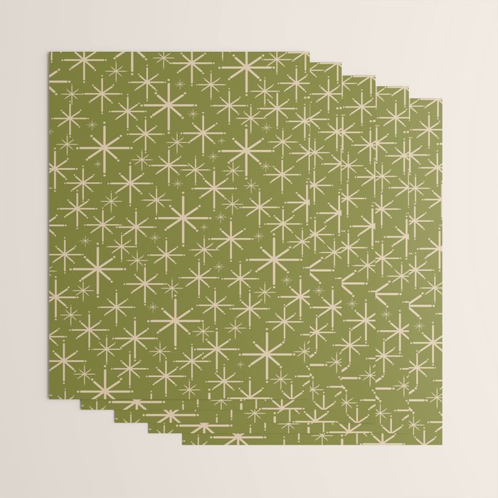 Retro Atomic Twinkling Starburst Pattern in Midcentury Modern Olive Green and Beige Wrapping Paper Gallery Image 3