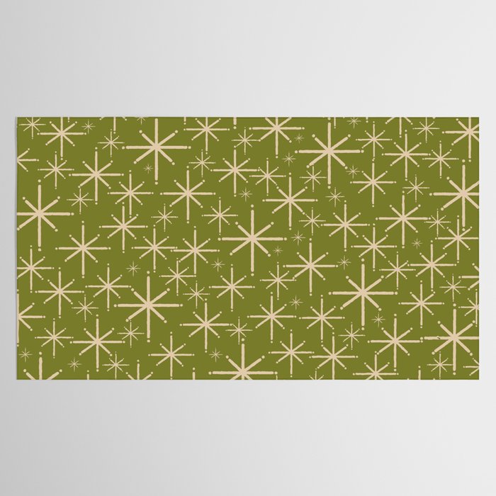 Retro Atomic Twinkling Starburst Pattern in Midcentury Modern Olive Green and Beige Tablecloth Gallery Image 2