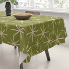 Retro Atomic Twinkling Starburst Pattern in Midcentury Modern Olive Green and Beige Tablecloth Gallery Image 3