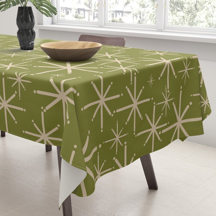 Retro Atomic Twinkling Starburst Pattern in Midcentury Modern Olive Green and Beige Tablecloth Gallery Image 3