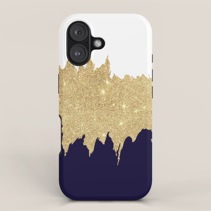 Modern navy blue white faux gold glitter brushstrokes iPhone Case Gallery Image 1