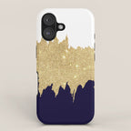Modern navy blue white faux gold glitter brushstrokes iPhone Case Gallery Image 1