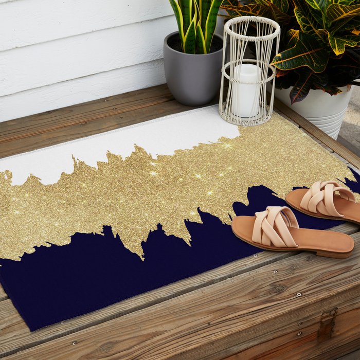Modern navy blue white faux gold glitter brushstrokes Outdoor Rug Gallery Image 2