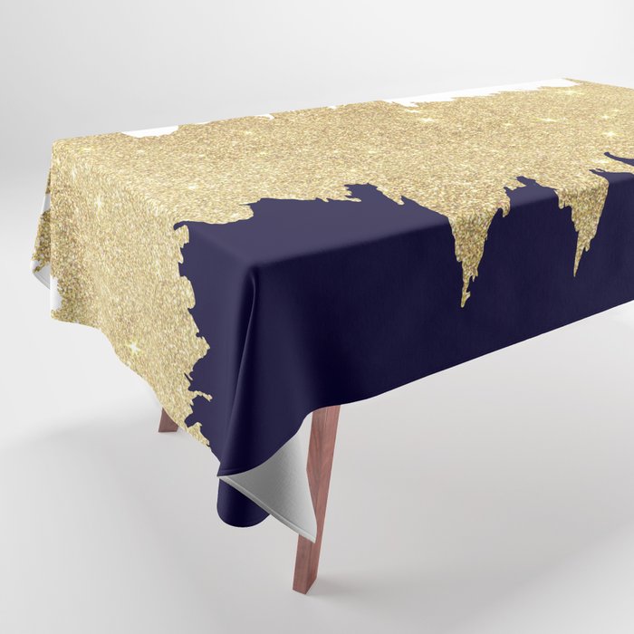 Modern navy blue white faux gold glitter brushstrokes Tablecloth Gallery Image 1