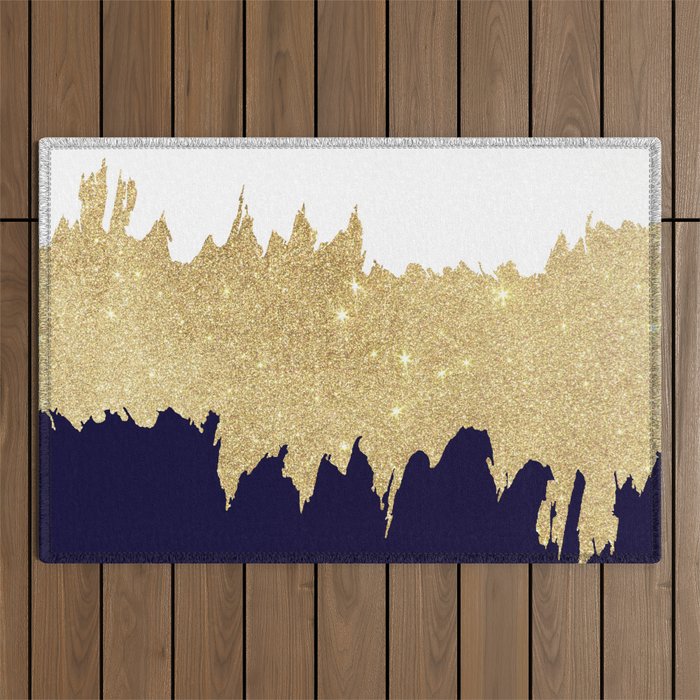 Modern navy blue white faux gold glitter brushstrokes Outdoor Rug Gallery Image 1