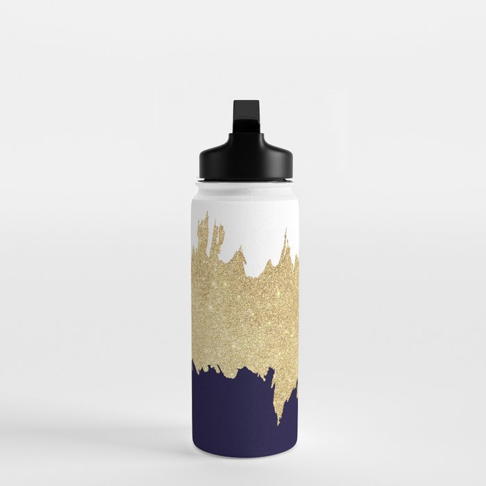 Modern navy blue white faux gold glitter brushstrokes Water Bottle Gallery Image 3