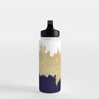 Modern navy blue white faux gold glitter brushstrokes Water Bottle Gallery Image 3