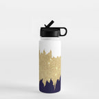 Modern navy blue white faux gold glitter brushstrokes Water Bottle Gallery Image 1