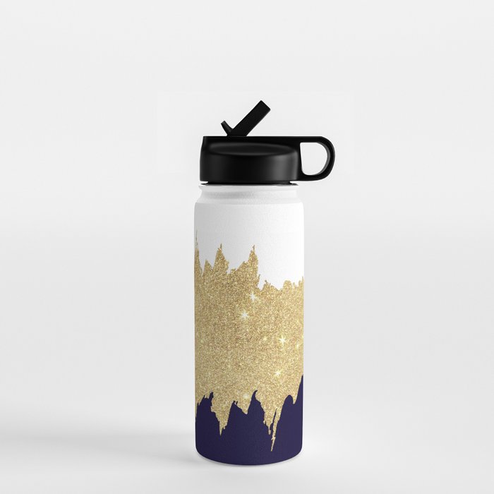 Modern navy blue white faux gold glitter brushstrokes Water Bottle Gallery Image 1
