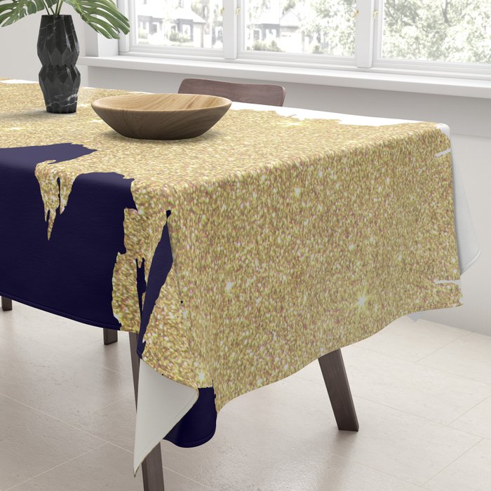 Modern navy blue white faux gold glitter brushstrokes Tablecloth Gallery Image 3