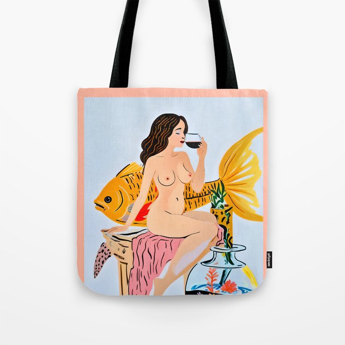 Fishy Shananigans, Eclectic Nude Woman Fish Wine Illustration, Quirky Whimsical Drinking Alcohol, Modern Bohemian Binging Weekend Painting Tote Bag Gallery Image 1