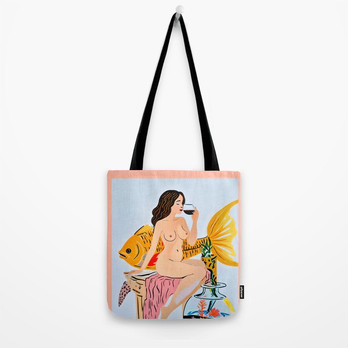 Fishy Shananigans, Eclectic Nude Woman Fish Wine Illustration, Quirky Whimsical Drinking Alcohol, Modern Bohemian Binging Weekend Painting Tote Bag Gallery Image 2