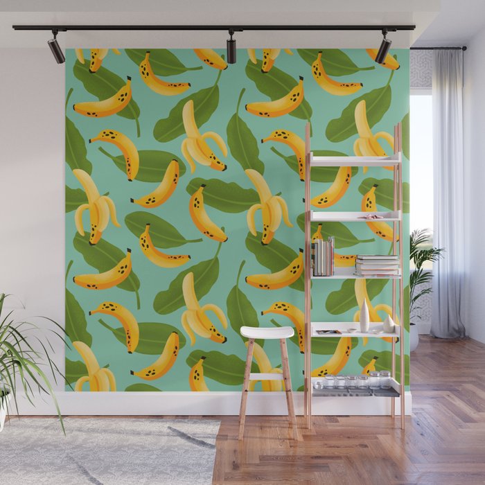 Banana Pattern on Aqua Blue Wall Mural Gallery Image 1
