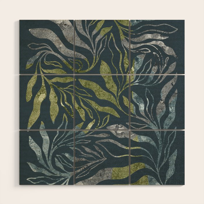 Endless Dark Leaf Illustration 1.1 Celestial Blue-Green Wood Wall Art Gallery Image 1