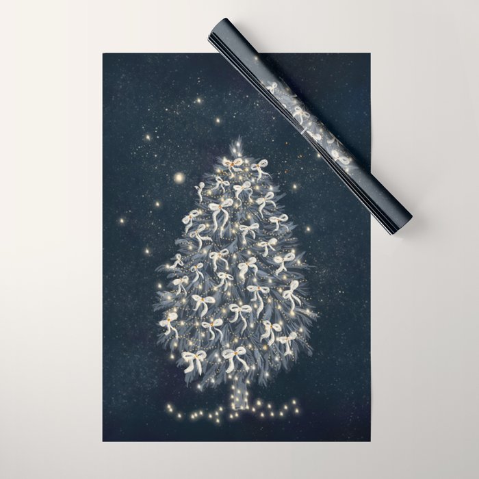Elegant Starry Night Christmas Tree with Angelic Bows Wrapping Paper Gallery Image 1