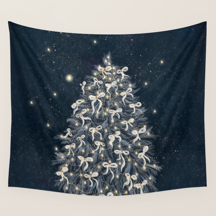 Elegant Starry Night Christmas Tree with Angelic Bows Wall Tapestry Gallery Image 4