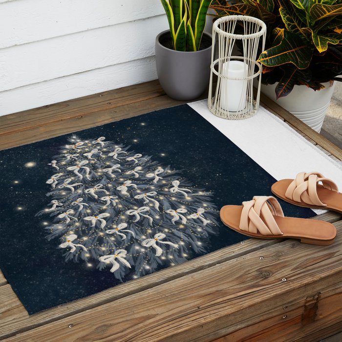 Elegant Starry Night Christmas Tree with Angelic Bows Outdoor Rug Gallery Image 2