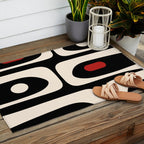 Retro Piquet Mid Century Modern Abstract Pattern in Black, Red, and Almond Cream Outdoor Rug Gallery Image 2