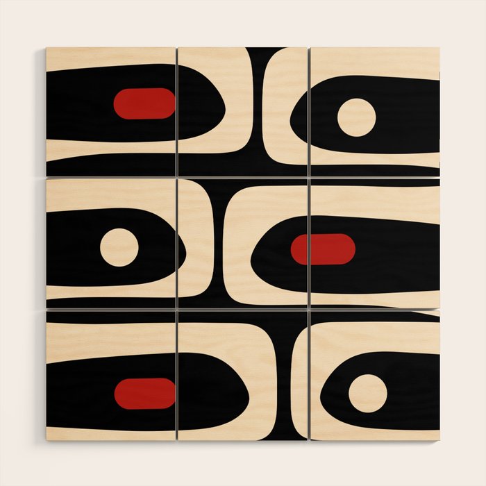 Retro Piquet Mid Century Modern Abstract Pattern in Black, Red, and Almond Cream Wood Wall Art Gallery Image 1