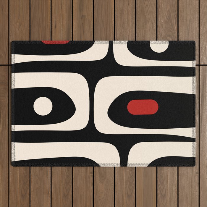 Retro Piquet Mid Century Modern Abstract Pattern in Black, Red, and Almond Cream Outdoor Rug Gallery Image 1