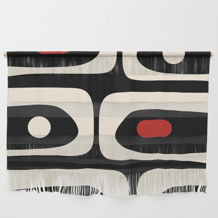 Retro Piquet Mid Century Modern Abstract Pattern in Black, Red, and Almond Cream Wall Hanging Gallery Image 1