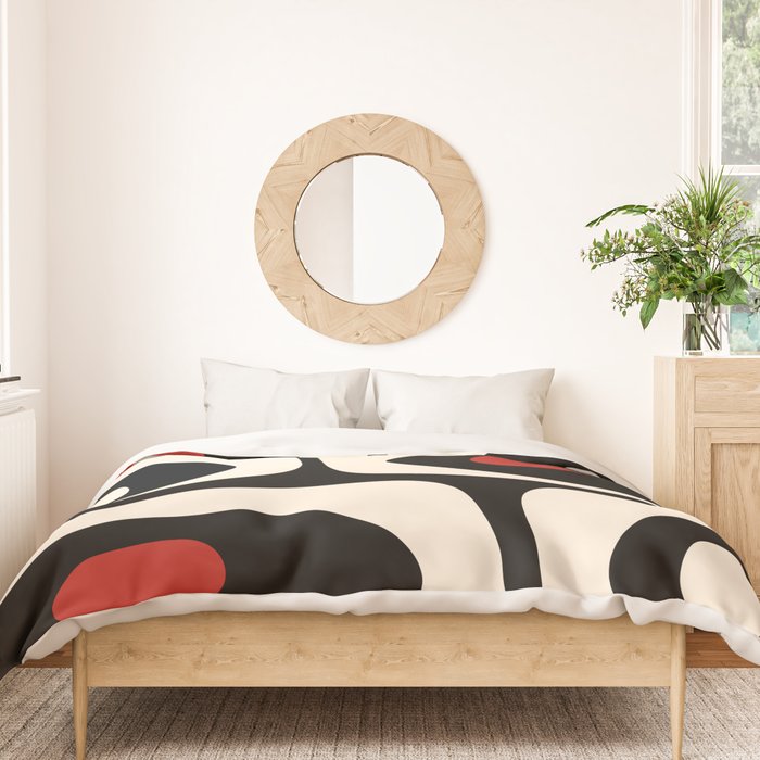 Retro Piquet Mid Century Modern Abstract Pattern in Black, Red, and Almond Cream Duvet Cover Gallery Image 3