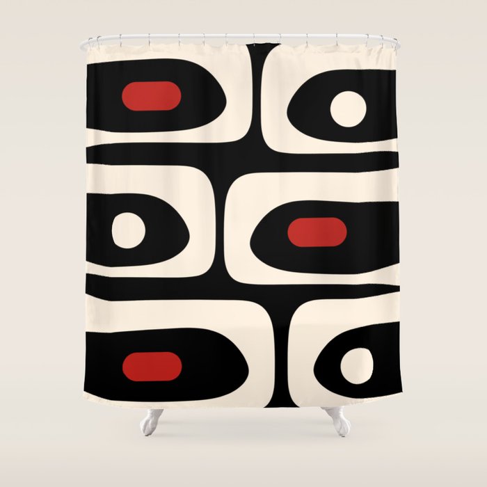 Retro Piquet Mid Century Modern Abstract Pattern in Black, Red, and Almond Cream Shower Curtain Gallery Image 1