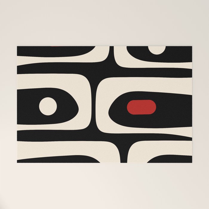 Retro Piquet Mid Century Modern Abstract Pattern in Black, Red, and Almond Cream Welcome Mat Gallery Image 1