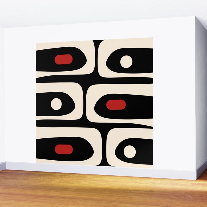 Retro Piquet Mid Century Modern Abstract Pattern in Black, Red, and Almond Cream Wall Mural Gallery Image 2