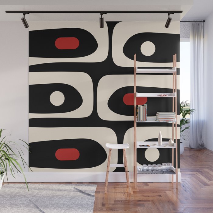 Retro Piquet Mid Century Modern Abstract Pattern in Black, Red, and Almond Cream Wall Mural Gallery Image 1