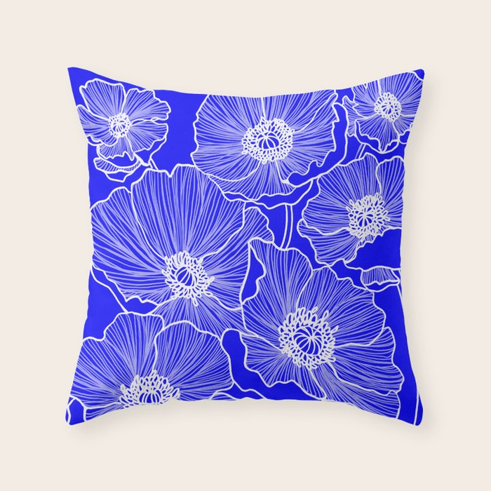 Cobalt Poppies Throw Pillow Gallery Image 1